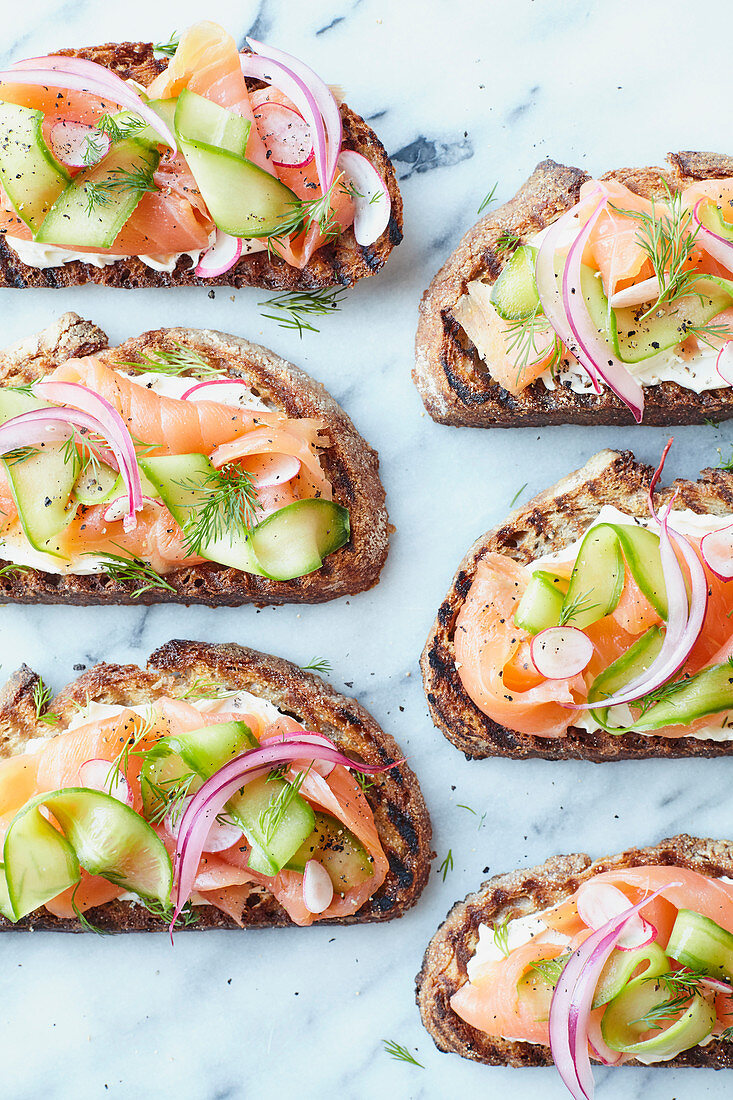 Smoked Salmon and Cucmber Open Sandwiches on Marble