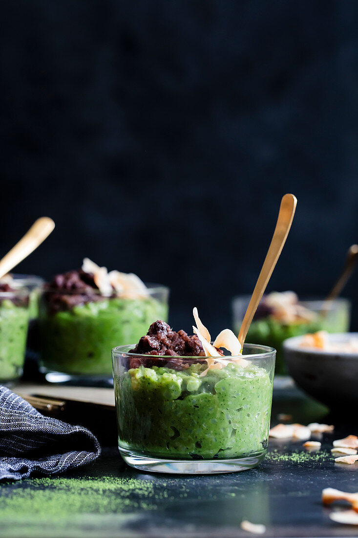 Coconut Matcha Rice Pudding with Date and Adzuki Bean Paste