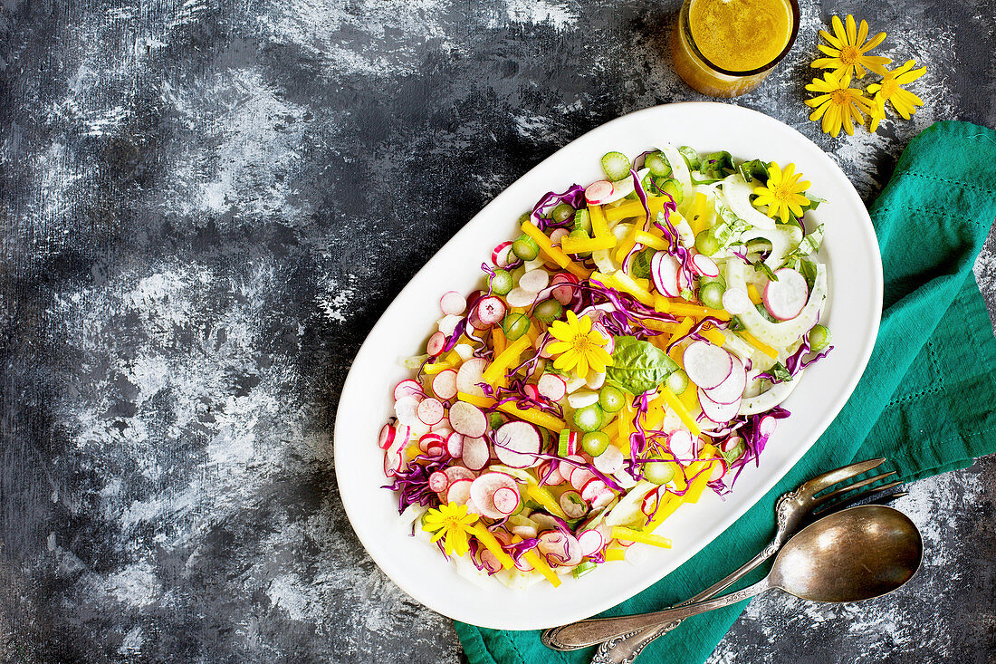 Sommergemüsesalat auf italienische Art mit Tangerinen-Vinaigrette (Aufsicht)