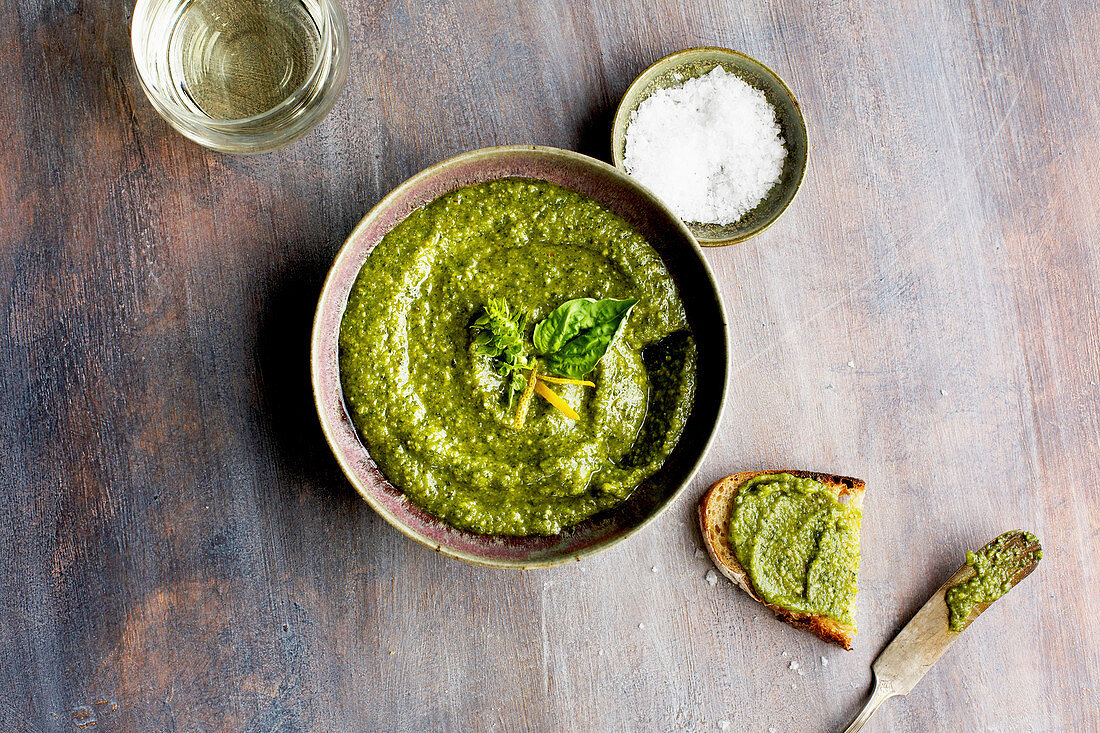 Lemon Basil Pesto served with bread, walnuts and white wine