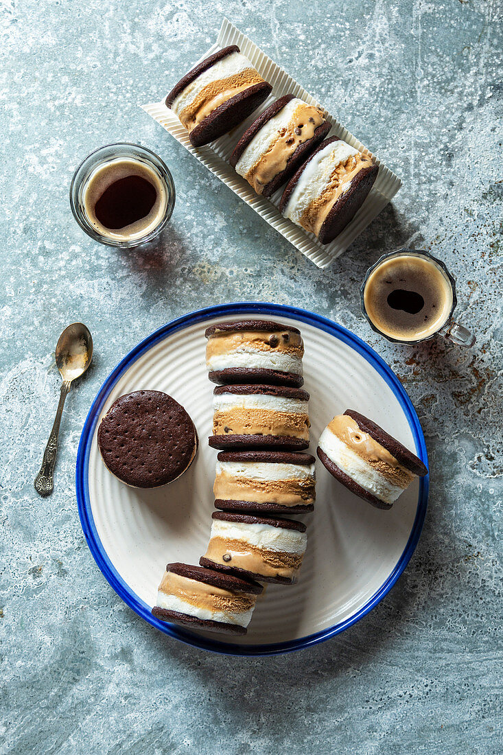 Vanilla and chocolate ice cream sandwiches on a plate