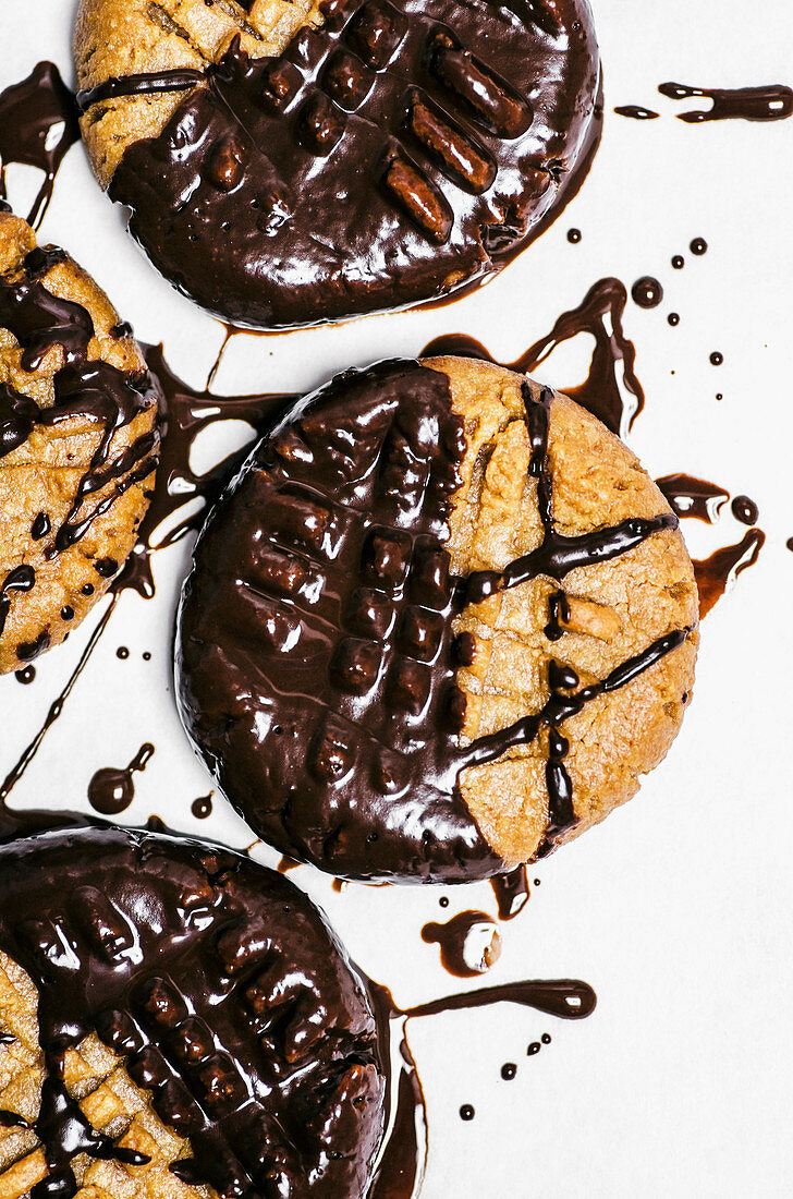 Chocolate dipped gluten free peanut butter cookies.