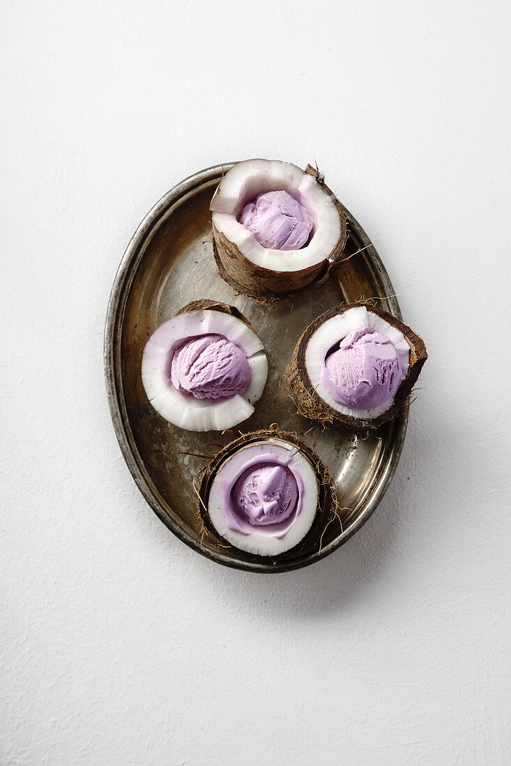 Black currant ice cream served at the halves of cracked coconut arranged on metallic tray