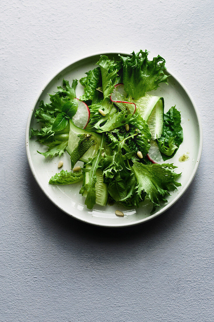 Overhead view of fresh green salad with radish and herbs on gray background