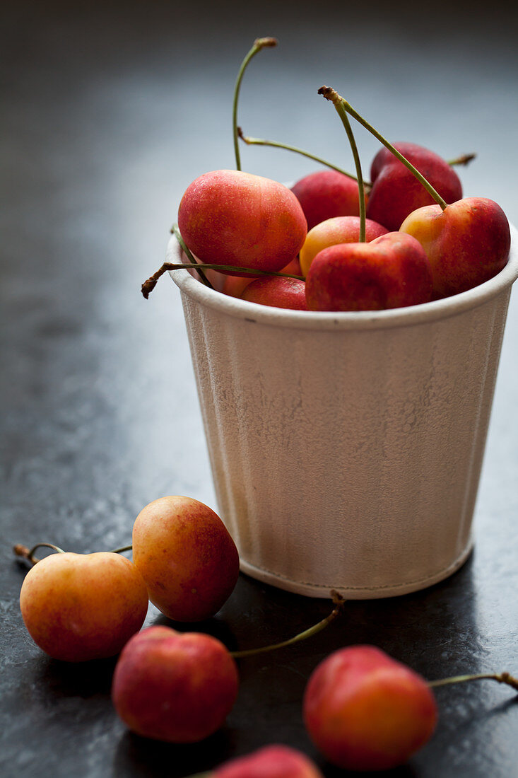 A white tin cup filled with Rainier cherries on a black countertop