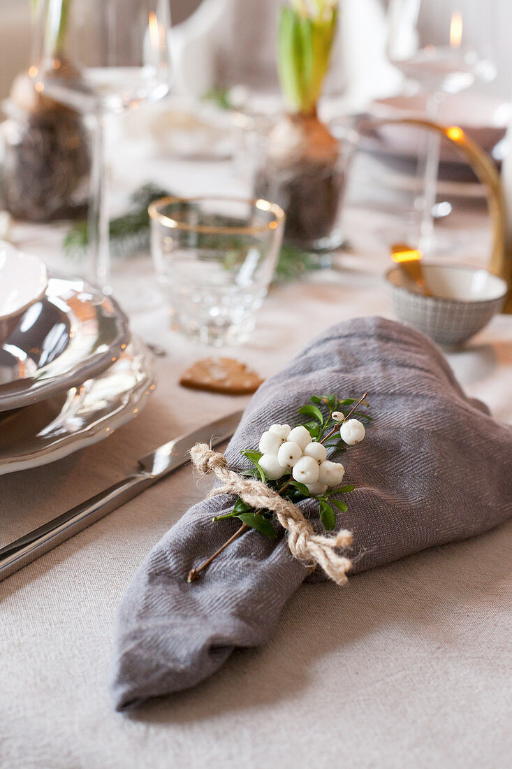 Sprig of berries and napkin tied with string on set dining table