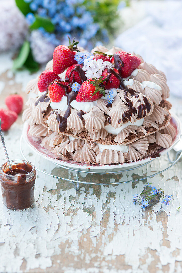 Chocolate meringue cake with strawberries