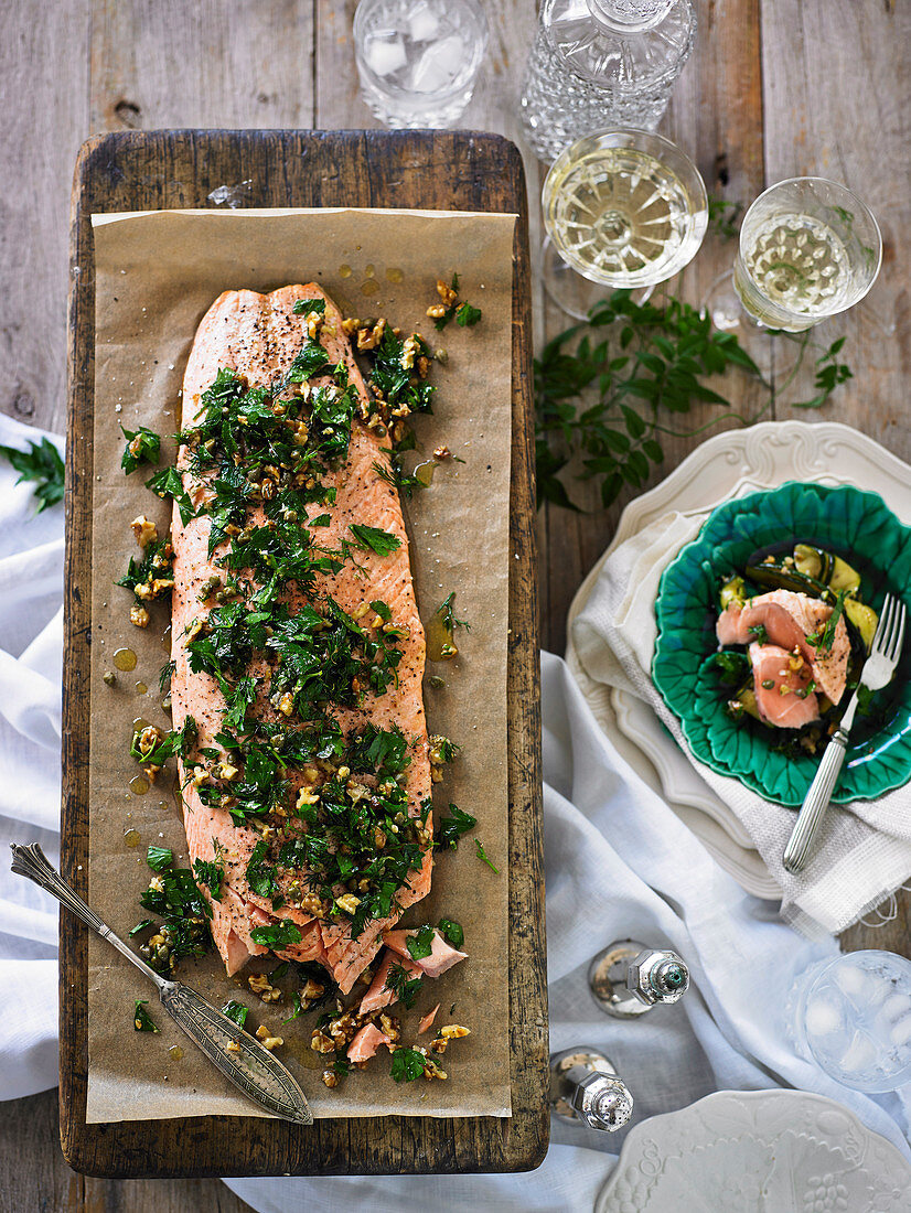 Salmon with Herb and Walnut Salasa