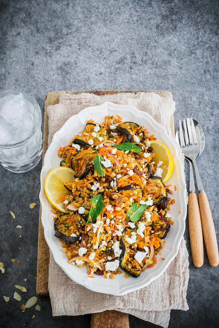 Roasted aubergine, carrot and farro salad