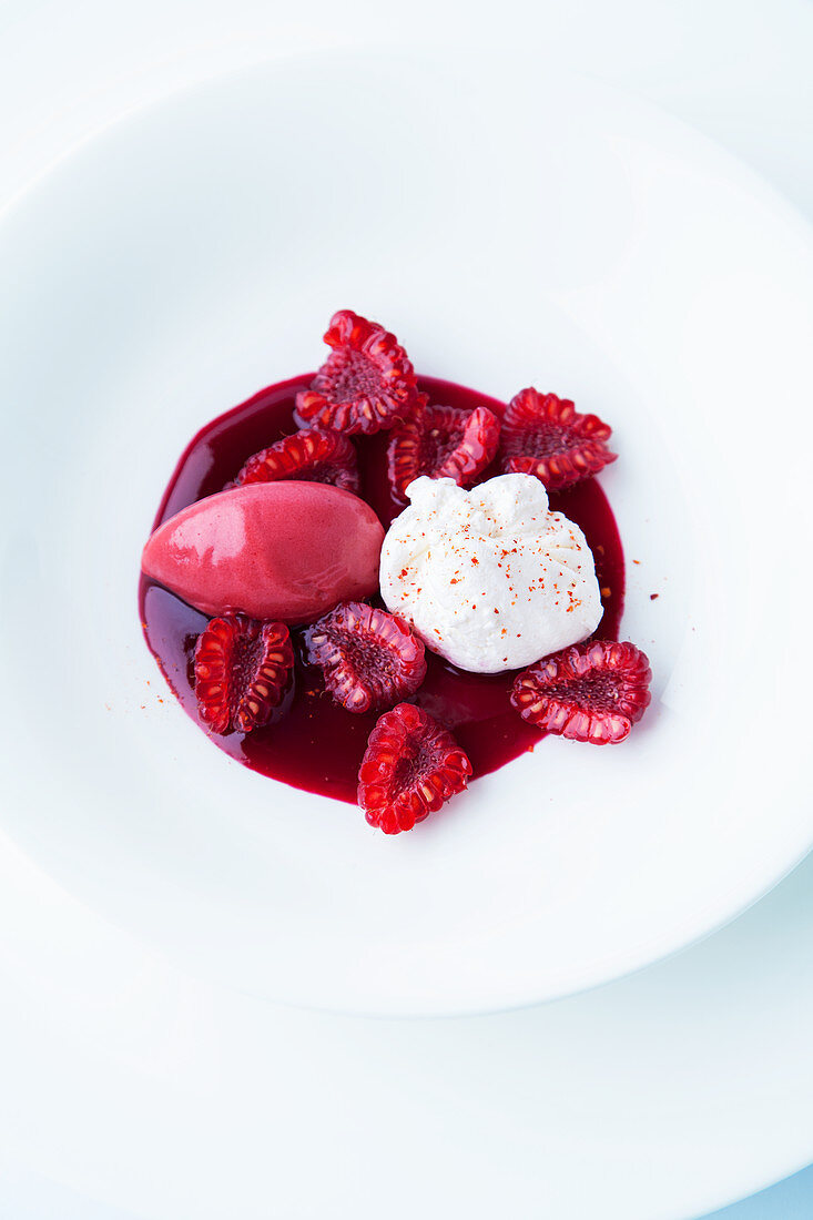 Raspberry sorbet with cream cheese and beetroot coulis