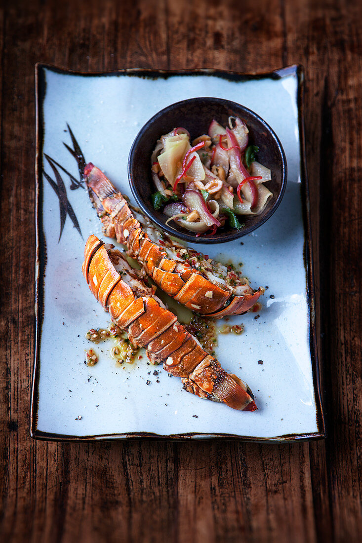 Grilled langoustine tail with a water apple and green papaya salad