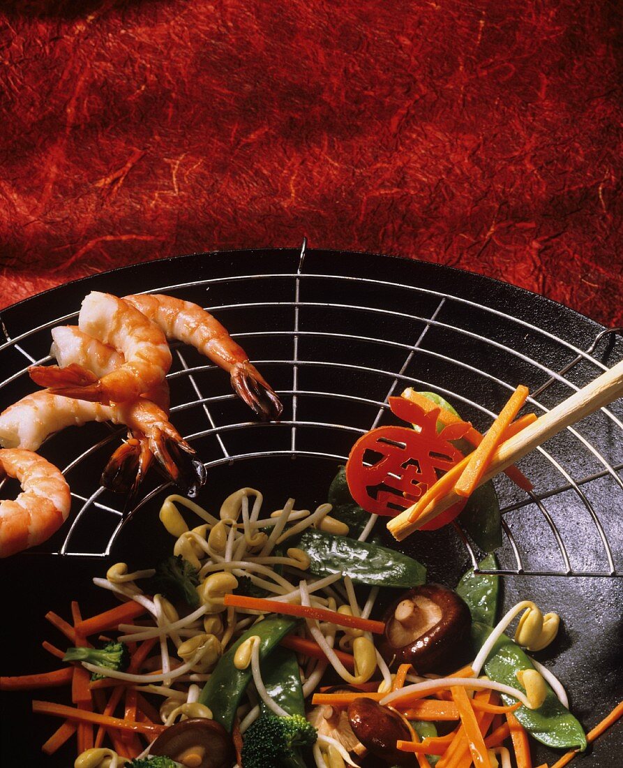 Cooking Vegetables in a Wok; Shrimp