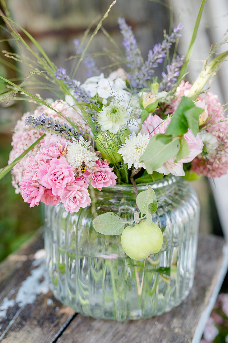 Bouquet Of Roses, Lavender, Scabious And Virgin In The Countryside