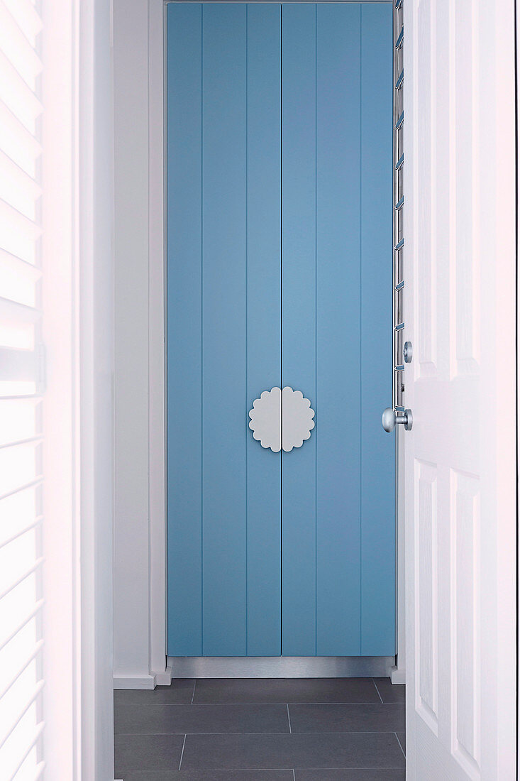 Blick durch geöffnete Tür auf blauer Schranktür