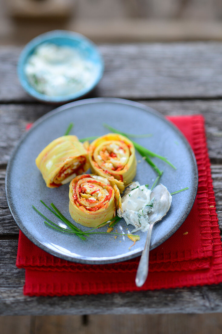 Oven-baked pancake rolls with herb quark