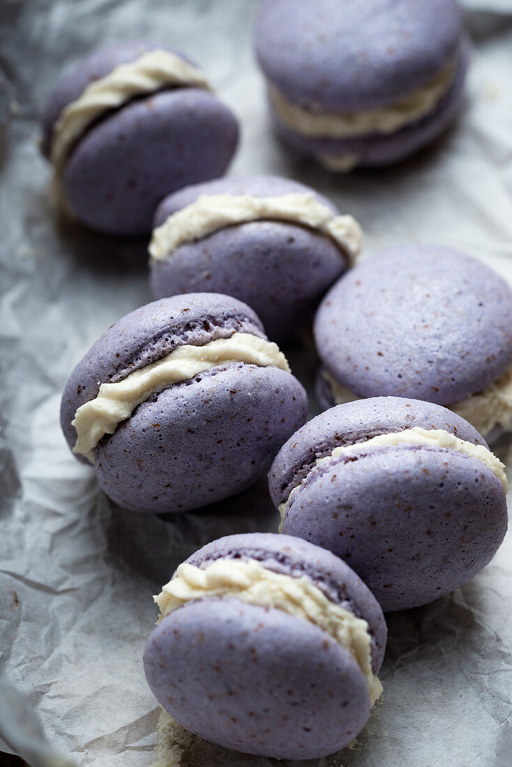 Vegan macaroons filled with white vanilla ganache