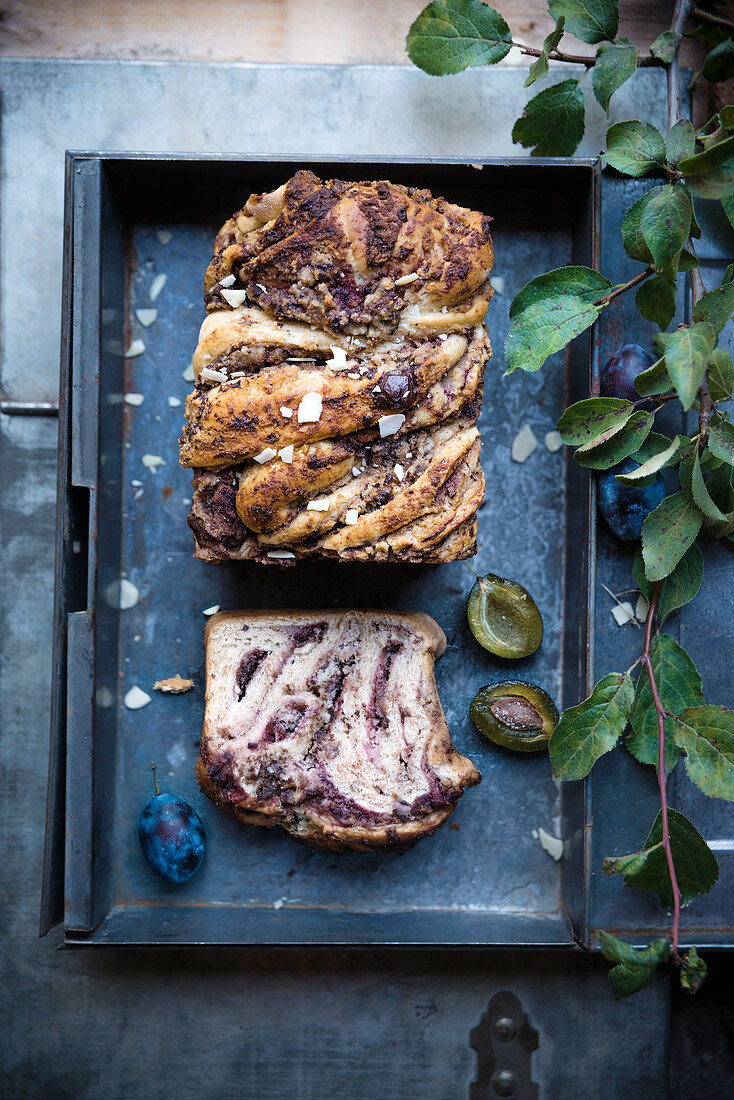 Vegan, sugar-free damson mousse babka