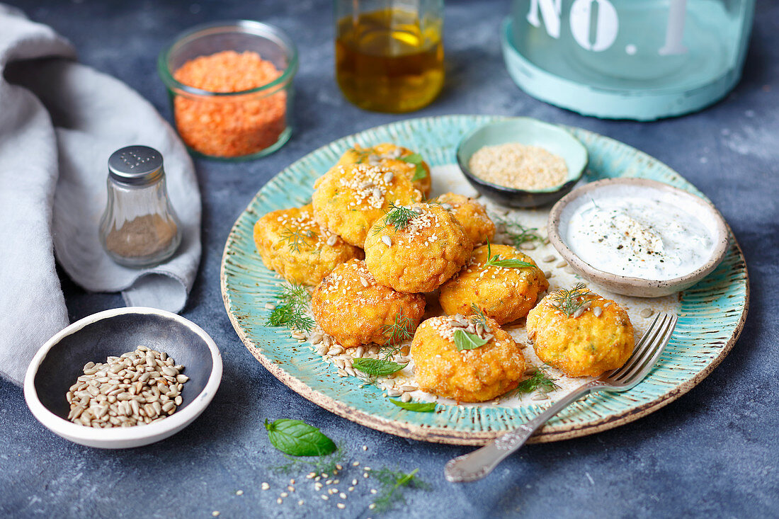 Red lentils, courgette and feta fritters