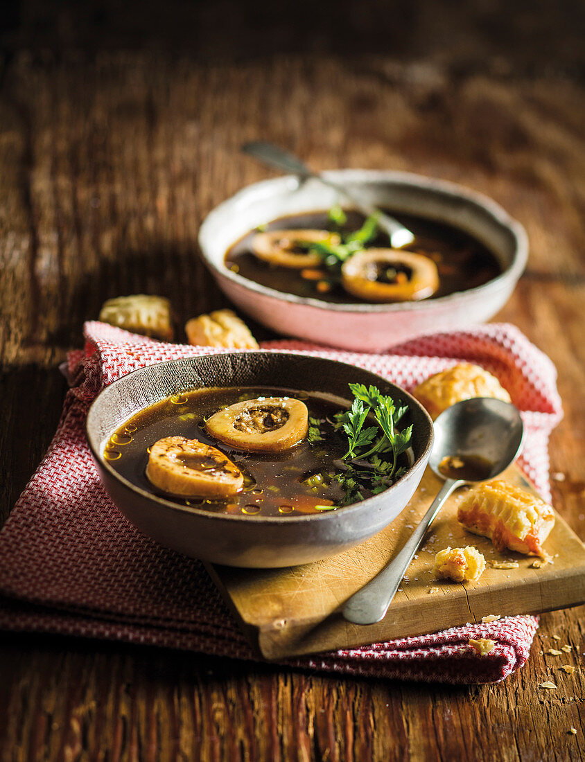 Winter meat broth with marrow bones