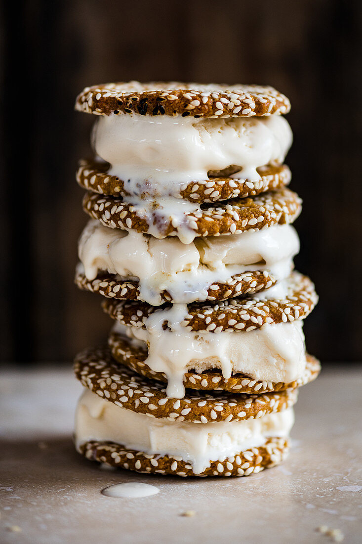 Ice cream sandwiches with tahini cookies