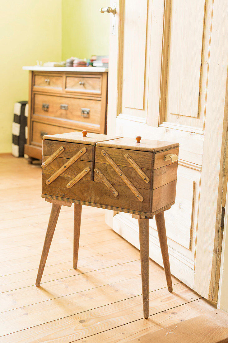 Sewing chest, Antique Wooden Sewing Box on legs. Storage box for