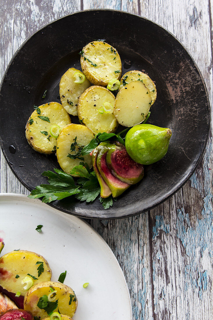 Olive oil potatoes with herbs and balsamic figs
