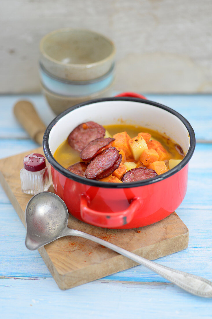 Winter potato and chorizo soup with carrots (Portugal)