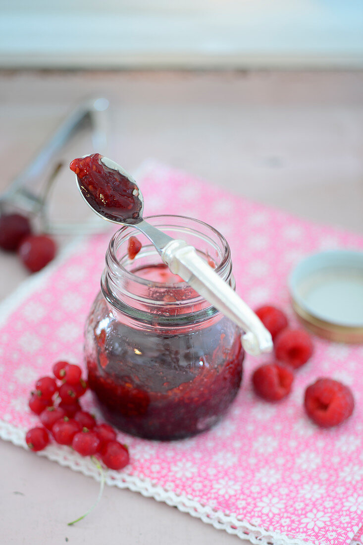 Redcurrant and raspberry jam with sour cherries