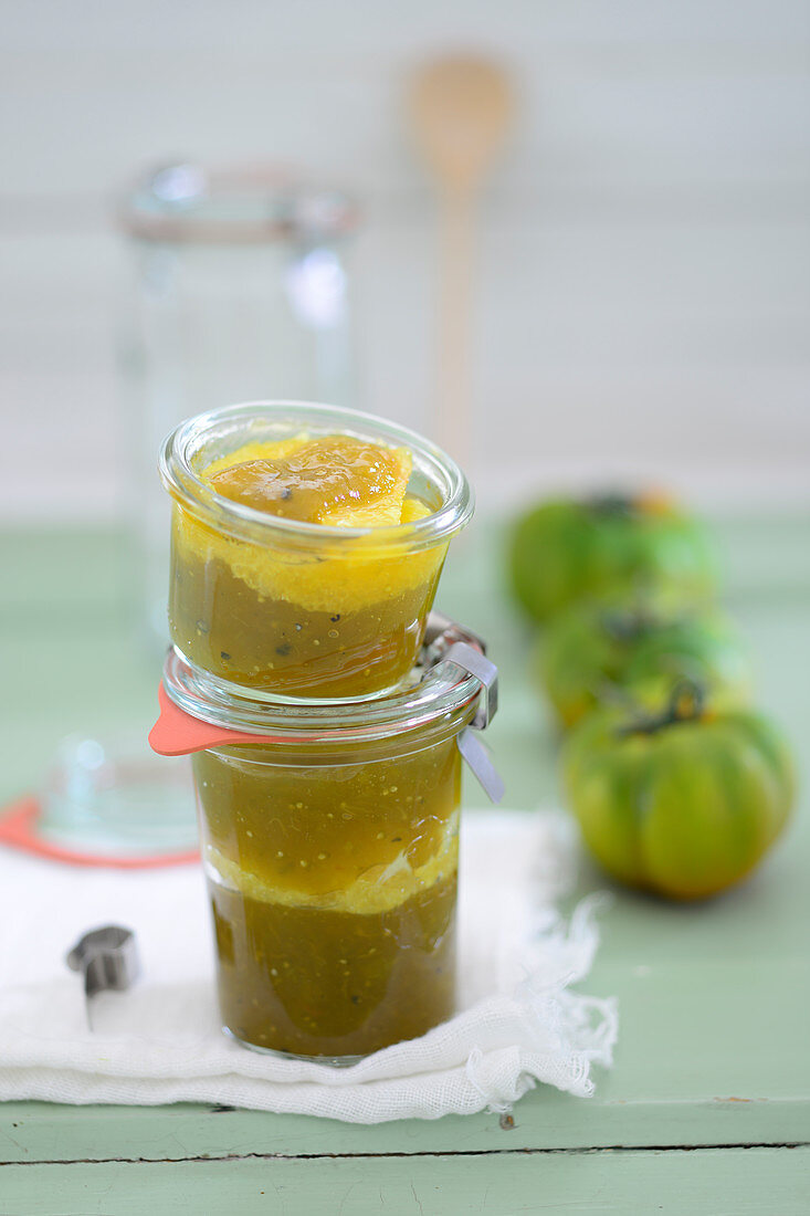 Tomato chutney made with green zebra tomatoes and oranges