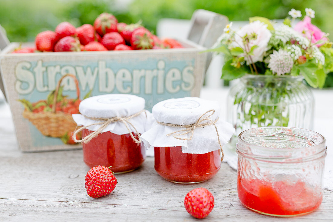 Strawberry jam in jars