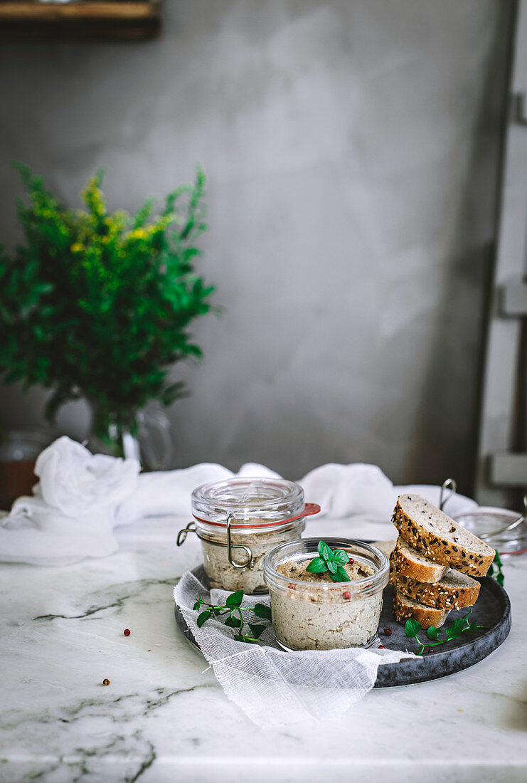 Homemade vegan pate of smoked tofu, mushrooms and nuts