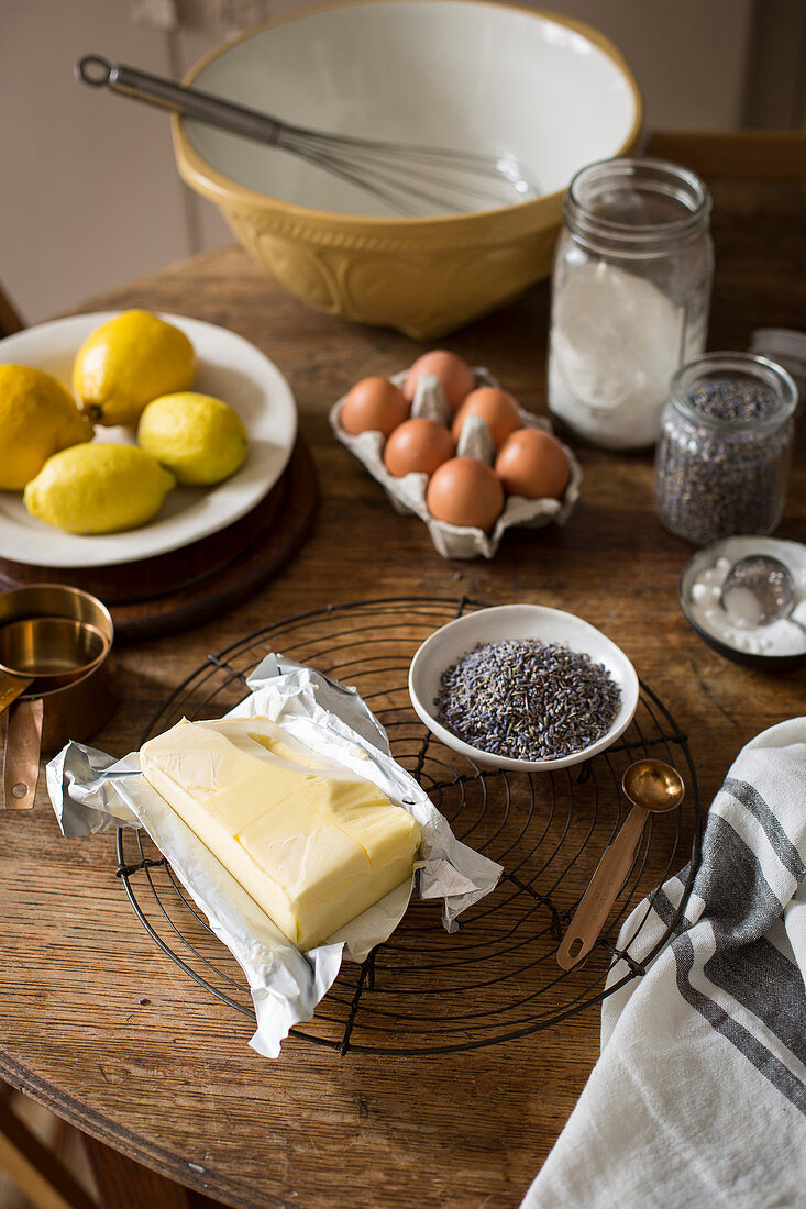 Various baking ingredients in a kitchen