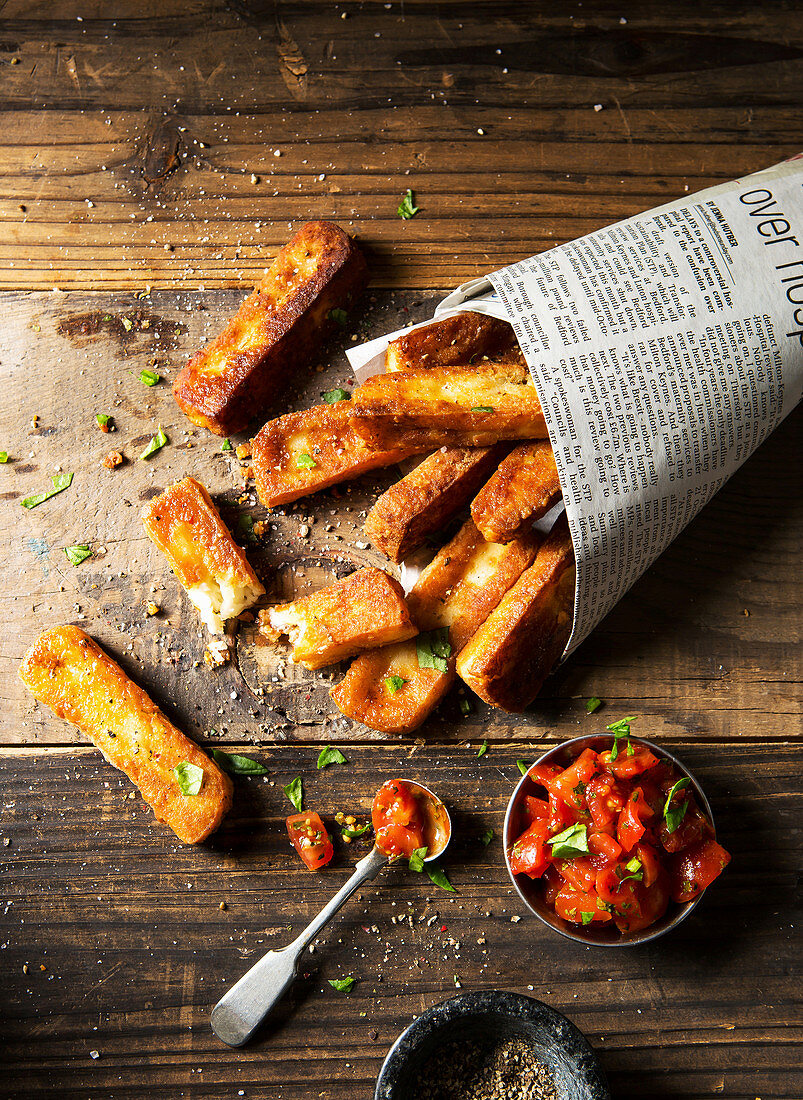 Halloumi chips fries in news paper bag served with tomato salsa ketchup coriander and salt and pepper on a rustic wooden surface