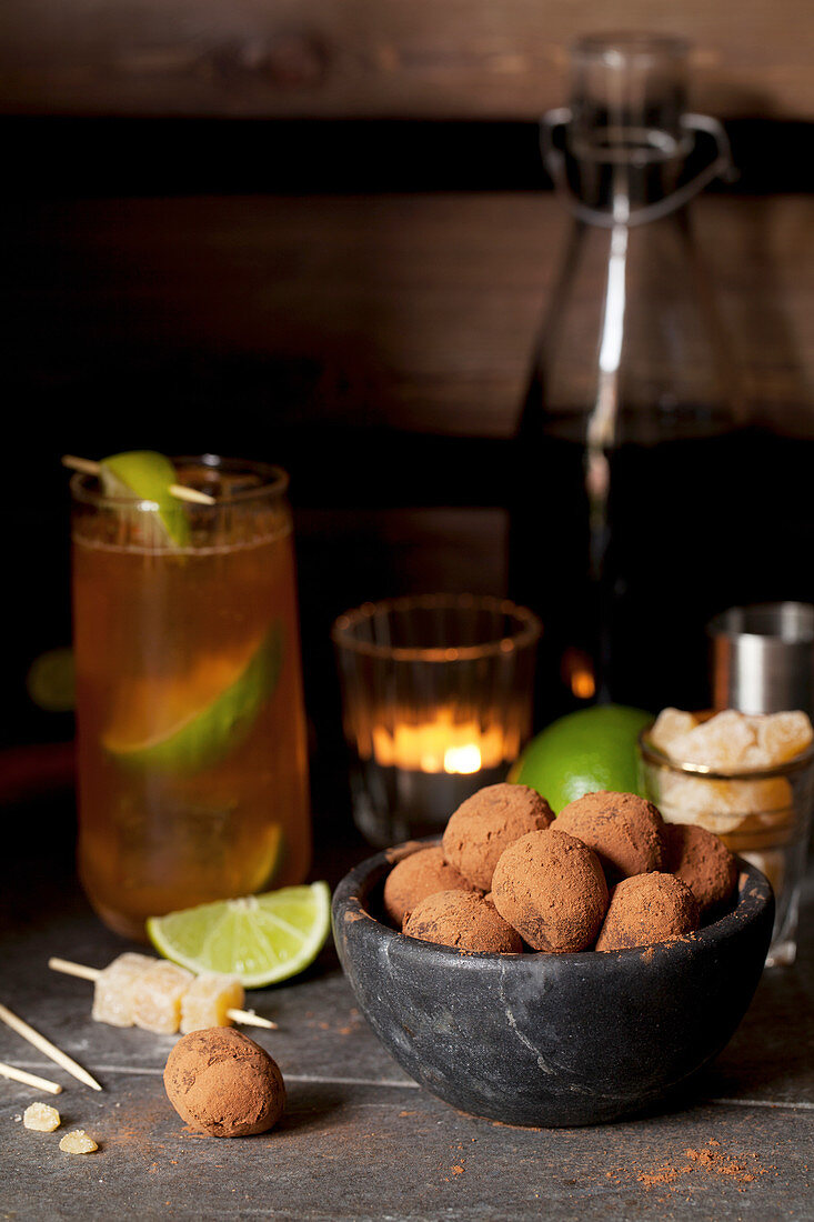 Rum and Ginger Chocolate Truffles with a Dark and Stormy Cocktail