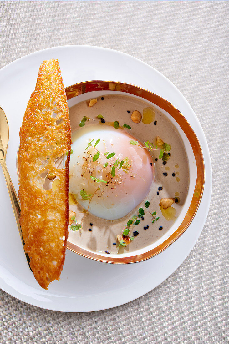 Champignoncreme mit Ei und gerösteter Brotscheibe