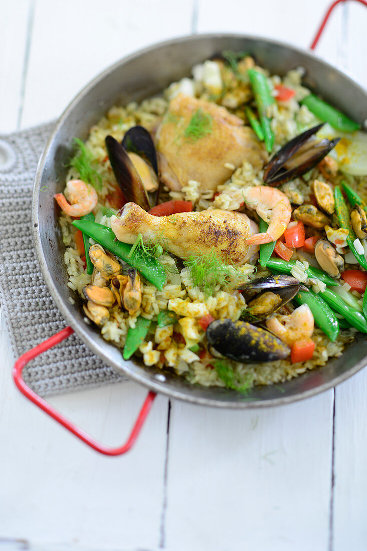 Paella with marinated chicken (Spain)
