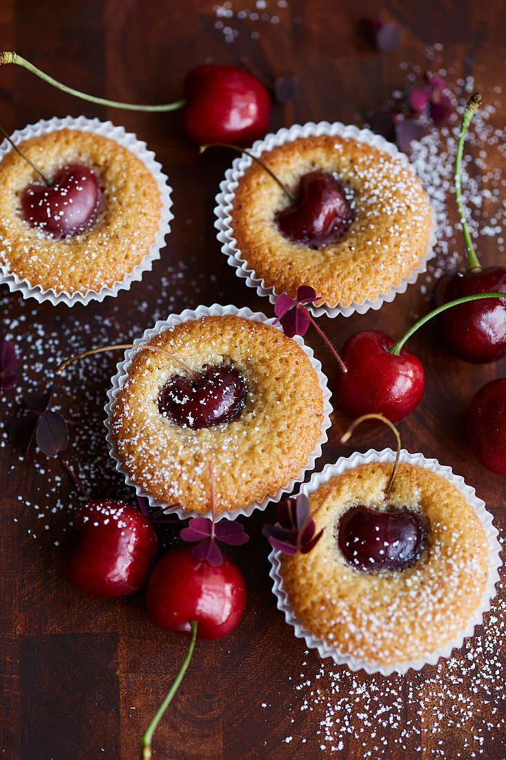 Financiers (French almond cakes) with cherries
