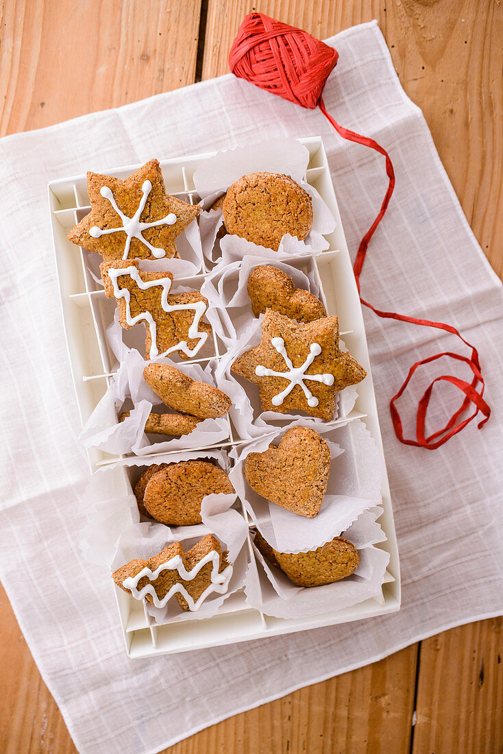 Wholewheat gingerbread cookies in various shapes for gifting
