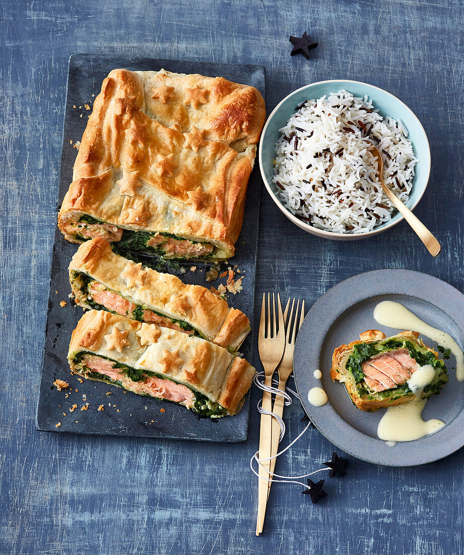 Salmon in puff pastry served with rice (Christmas)