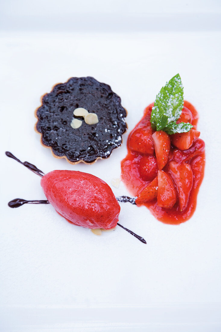 Zartbitter-Tartelett mit Erdbeeren und Himbeersorbet