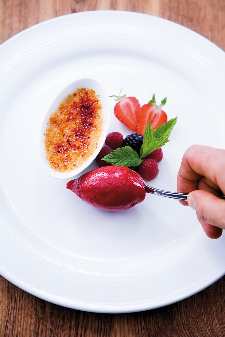 Caramelised mocha chocolate cream with raspberry sorbet