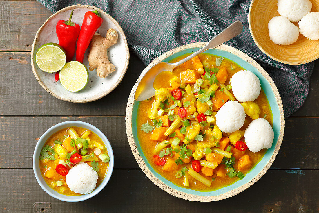 cauliflowr, pumpkin and bean curry with rice balls