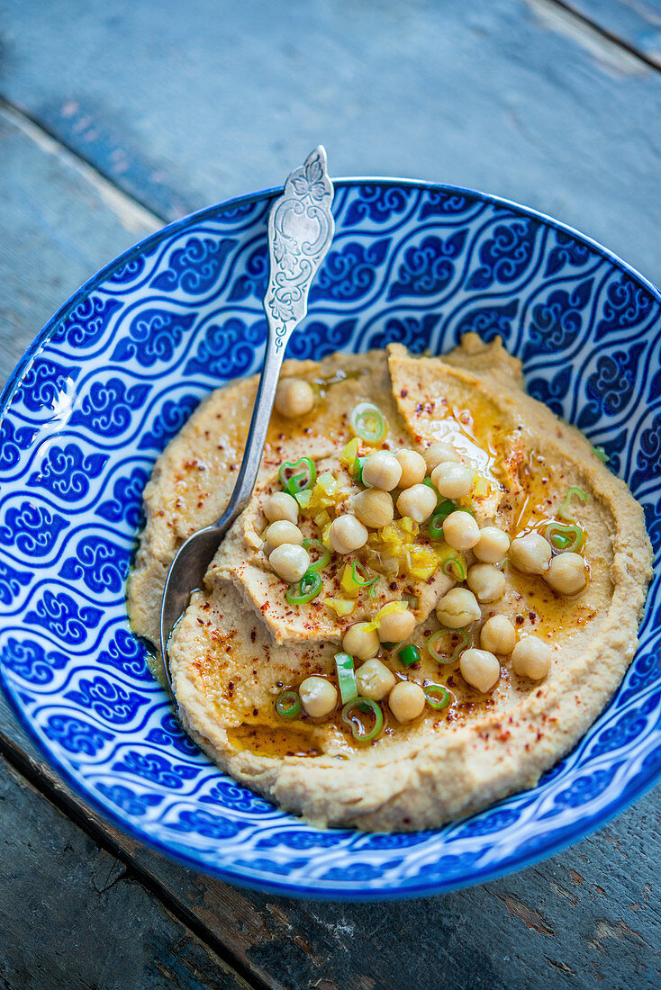 Chickpea hummus in a decorative bowl
