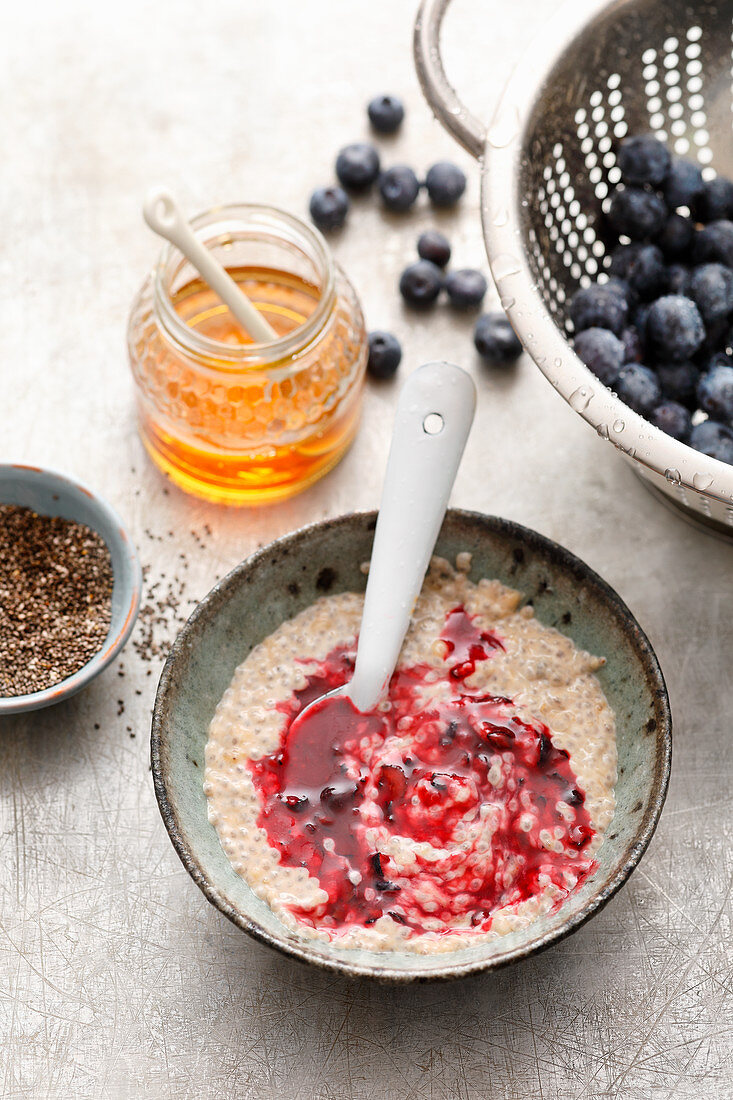 Gluten-free chia pudding with blueberry sauce