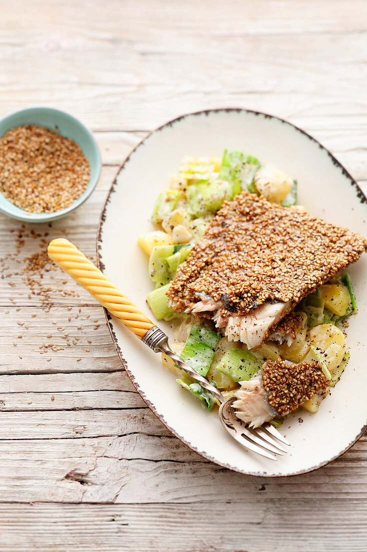 Sesame coated trout with leeks and potatoes