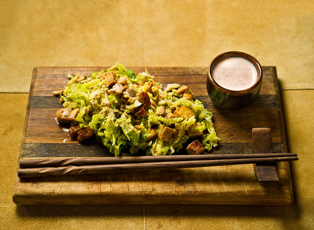 Savoy cabbage salad with diced tempeh and a shiso dressing