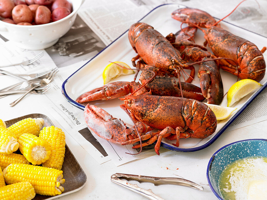 Steamed Lobsters with Sweet Corn and Red Potatoes