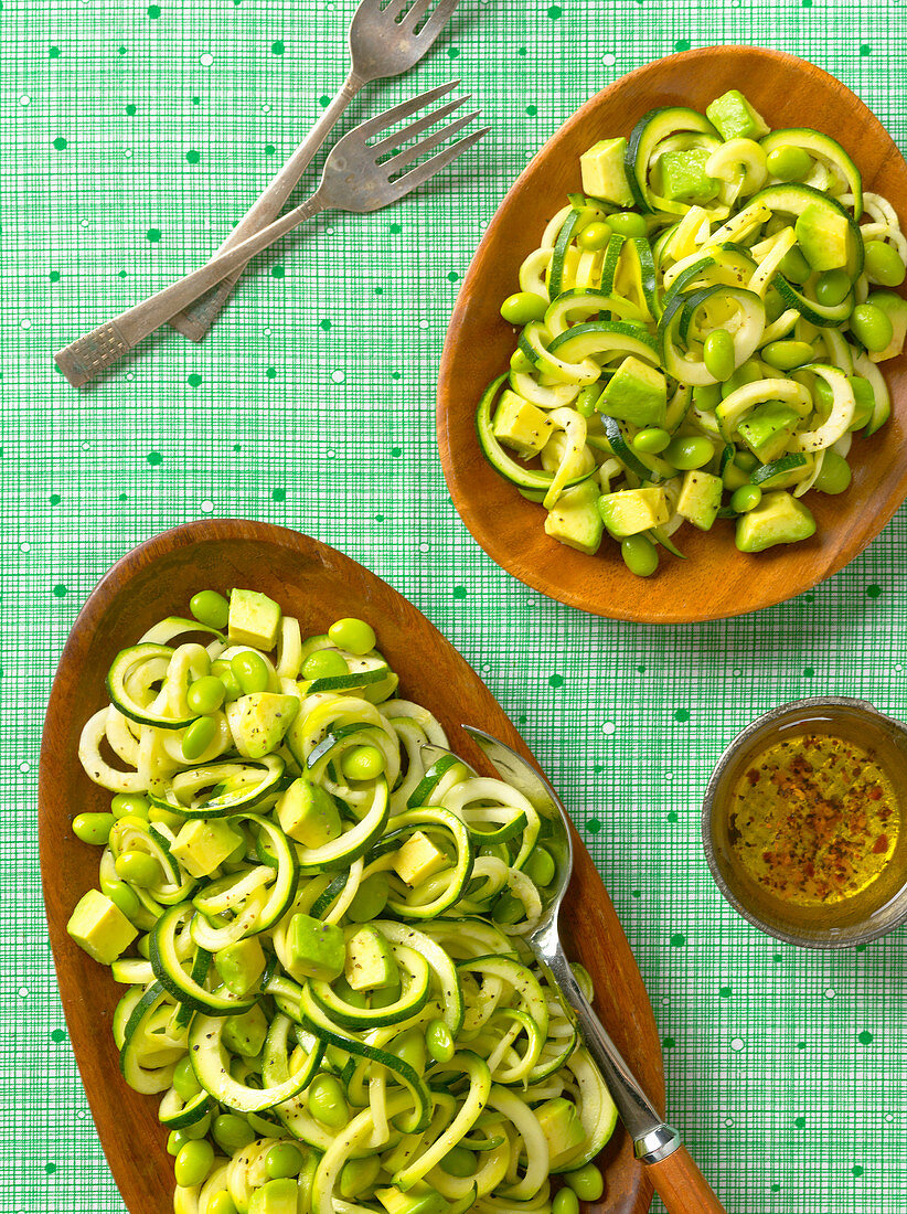Courgette pasta with edamame and avocado