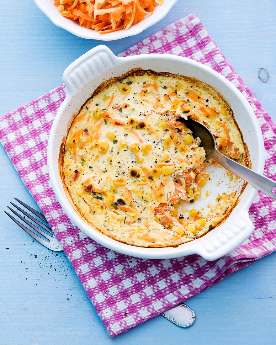 Carrot and quark bake with sweetcorn and basil