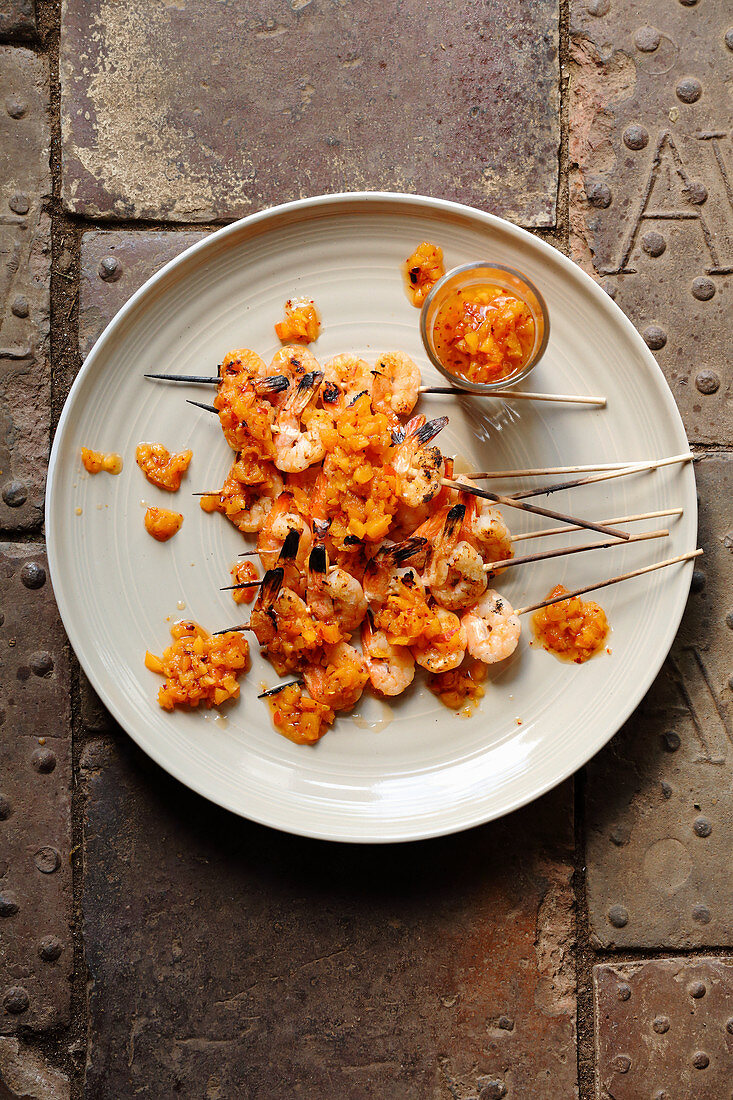 Grilled prawn skewers with an apricot and chilli dip